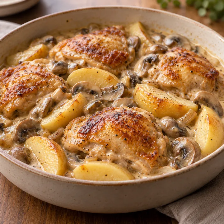 Poulet vallée d’Auge aux pommes, sans alcool