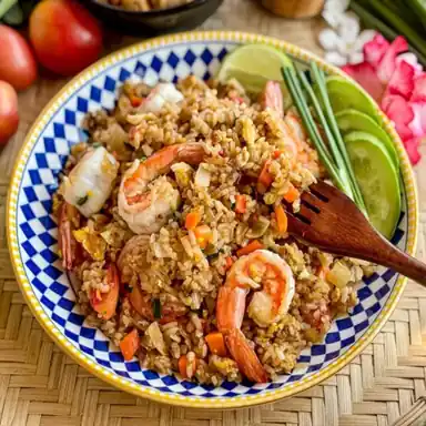 Riz sauté aux crevettes et petits pois