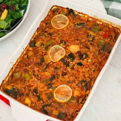 Riz au four aux poireaux et poivrons